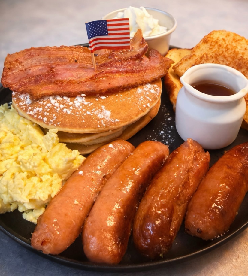 Big breakfast plate with pancakes, bacon, sausage and toast